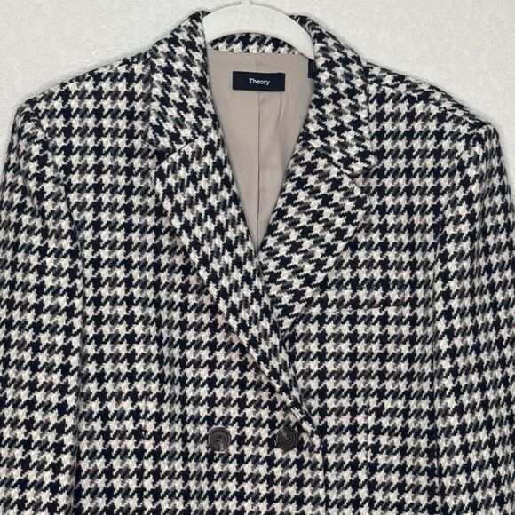 Theory Houndstooth Check Crop Wool Blazer Jacket Size 8 Black Grey Cream Tan - Picture 5 of 10